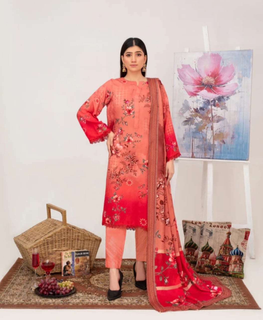 Elegant Embroidered Lawn Suit – Pink with Floral
