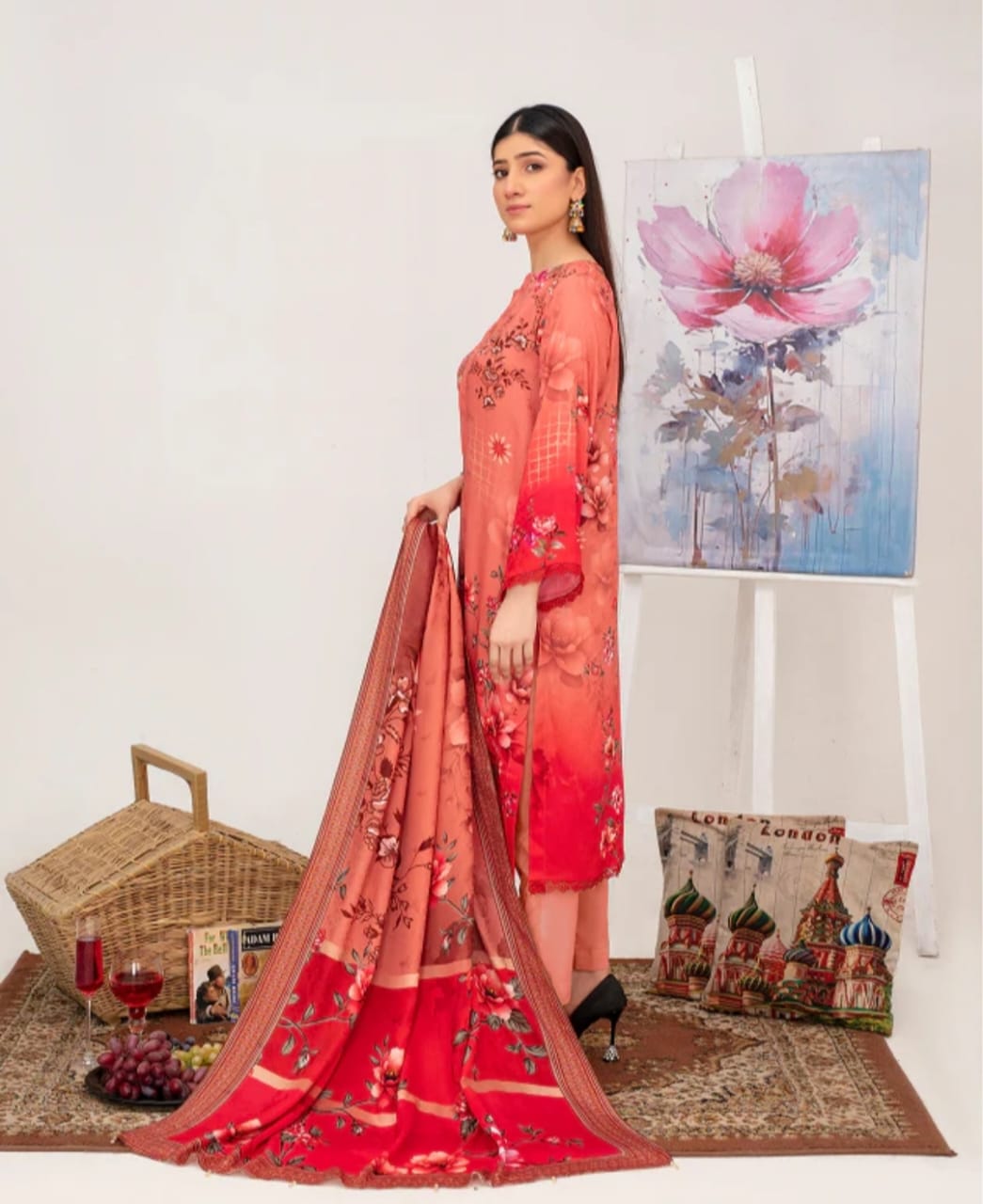 Elegant Embroidered Lawn Suit – Pink with Floral