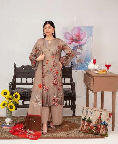 Elegant Embroidered Lawn Suit – Brown with Floral