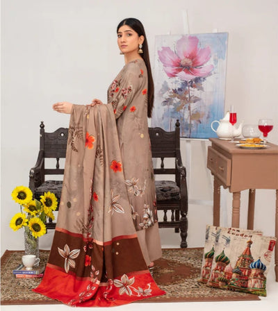 Elegant Embroidered Lawn Suit – Brown with Floral