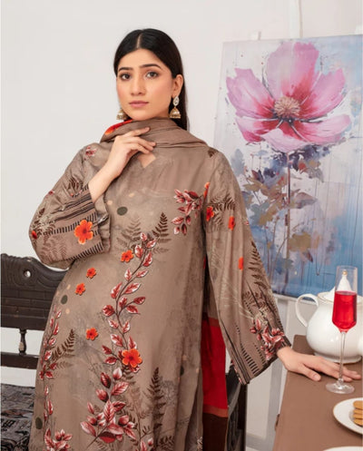 Elegant Embroidered Lawn Suit – Brown with Floral