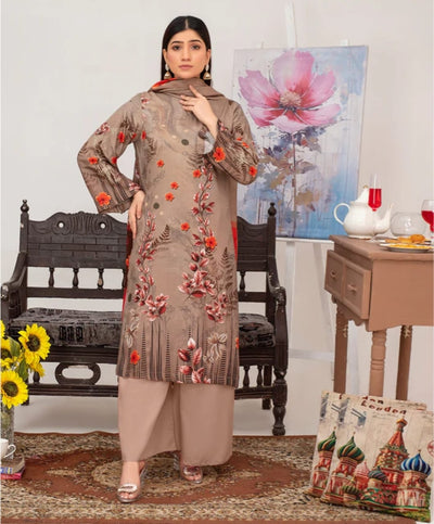 Elegant Embroidered Lawn Suit – Brown with Floral