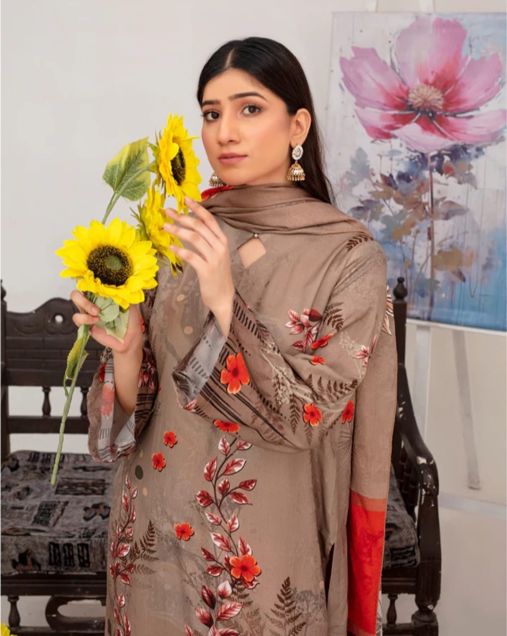Elegant Embroidered Lawn Suit – Brown with Floral