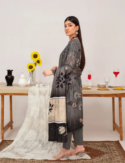 Elegant Embroidered Lawn Suit – Grey with Floral