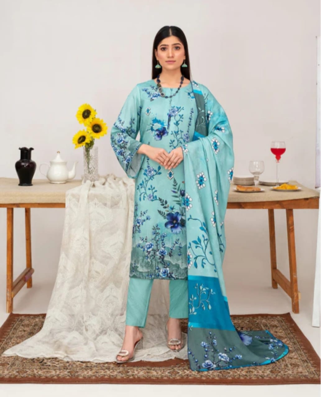 Elegant Embroidered Lawn Suit – Light Blue with Floral