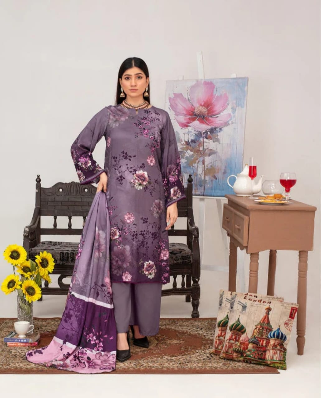 Elegant Embroidered Lawn Suit – Purple with Floral