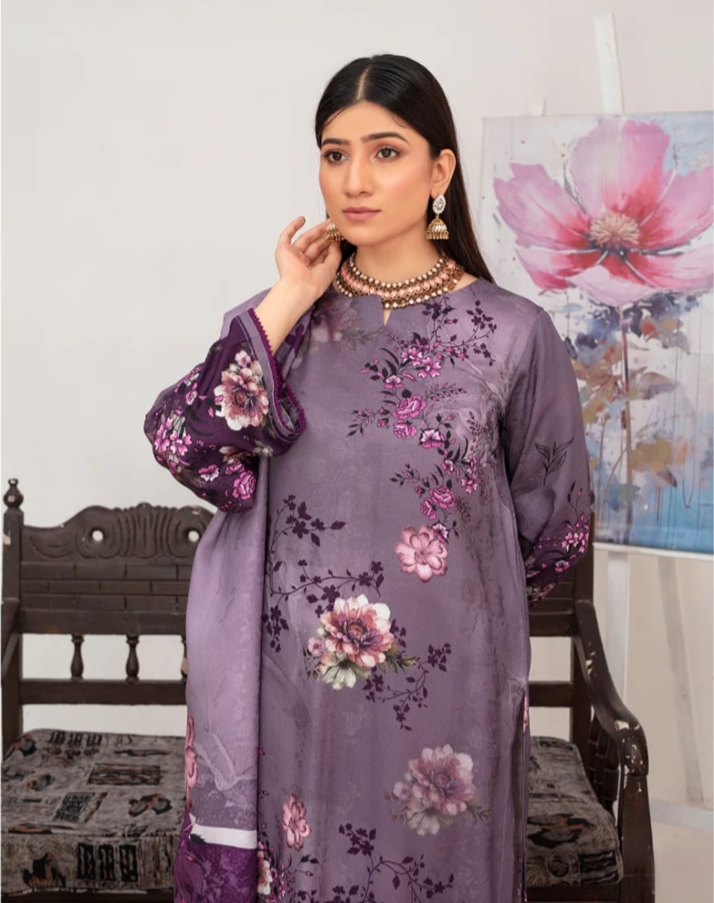 Elegant Embroidered Lawn Suit – Purple with Floral