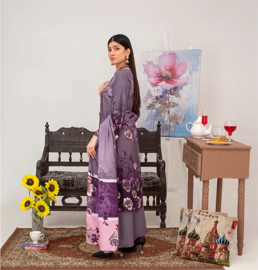 Elegant Embroidered Lawn Suit – Purple with Floral