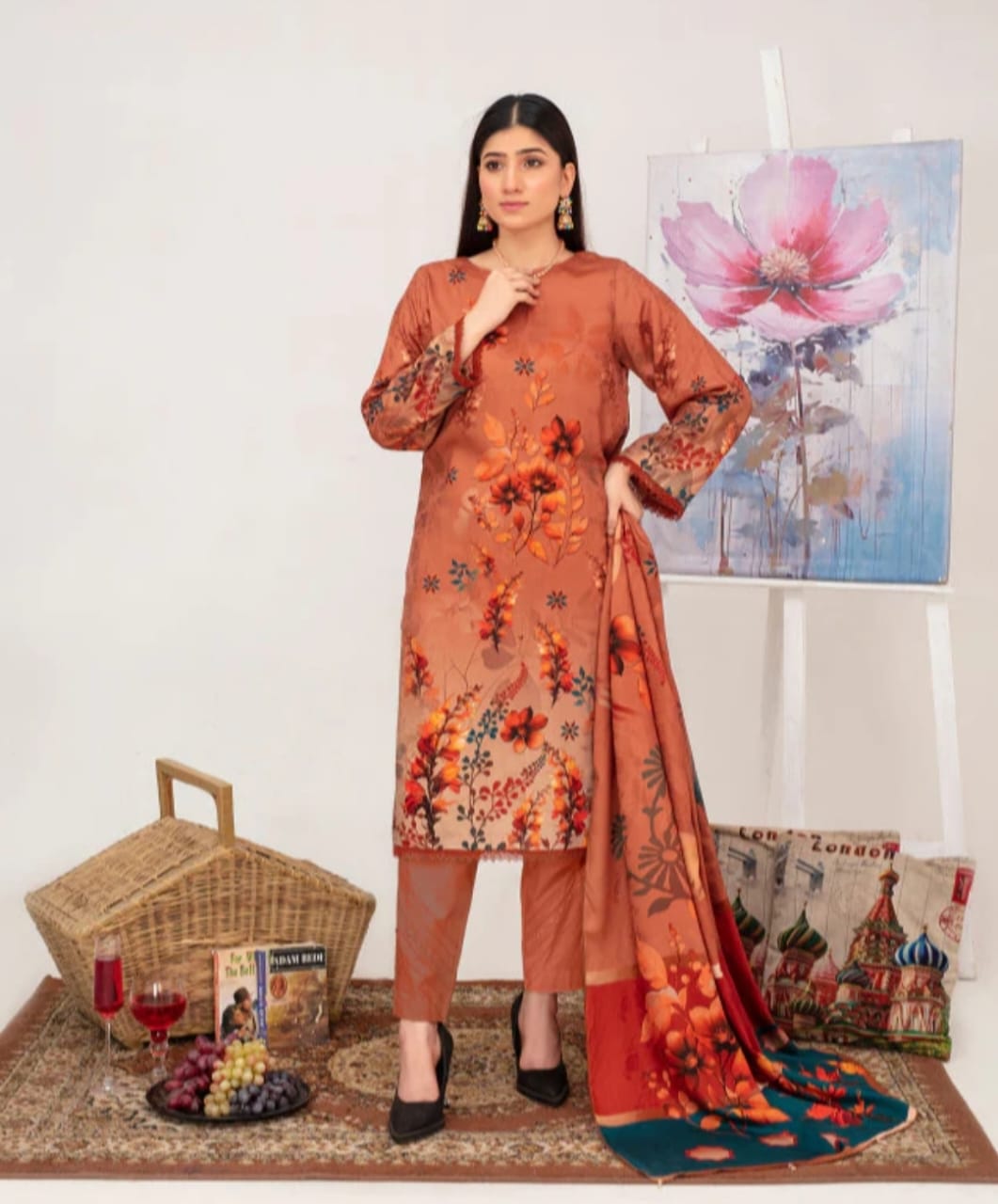 Elegant Embroidered Lawn Suit – Orange with Floral