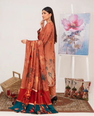 Elegant Embroidered Lawn Suit – Orange with Floral