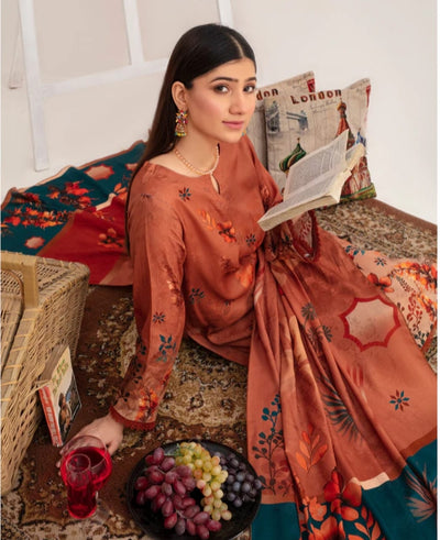 Elegant Embroidered Lawn Suit – Orange with Floral