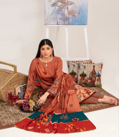 Elegant Embroidered Lawn Suit – Orange with Floral