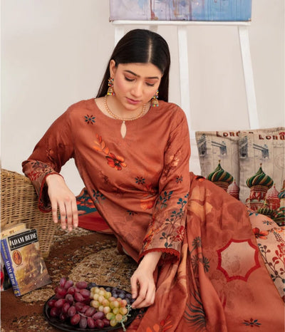 Elegant Embroidered Lawn Suit – Orange with Floral