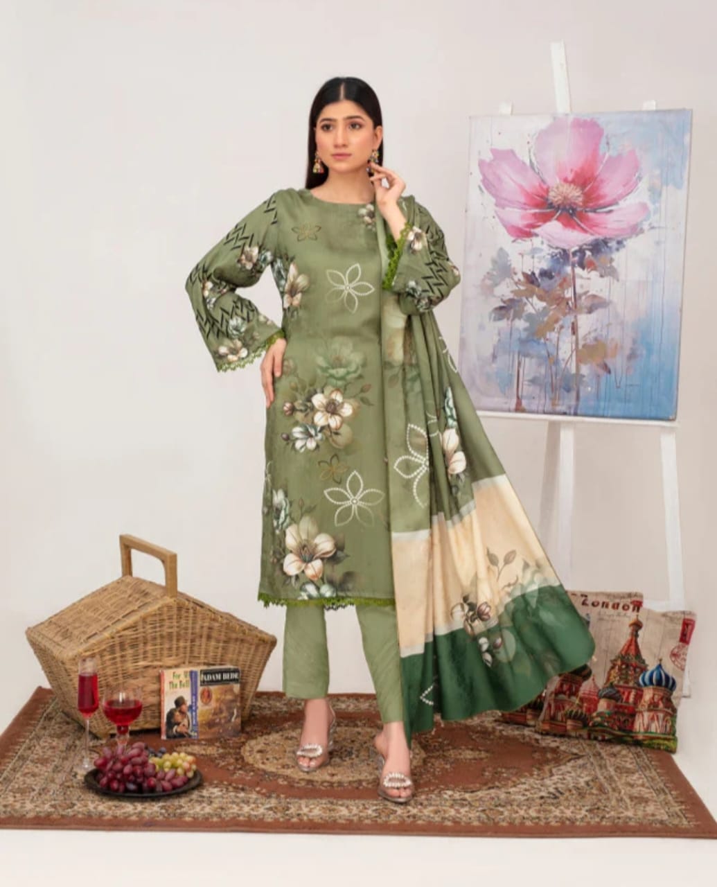 Elegant Embroidered Lawn Suit – Green with Floral