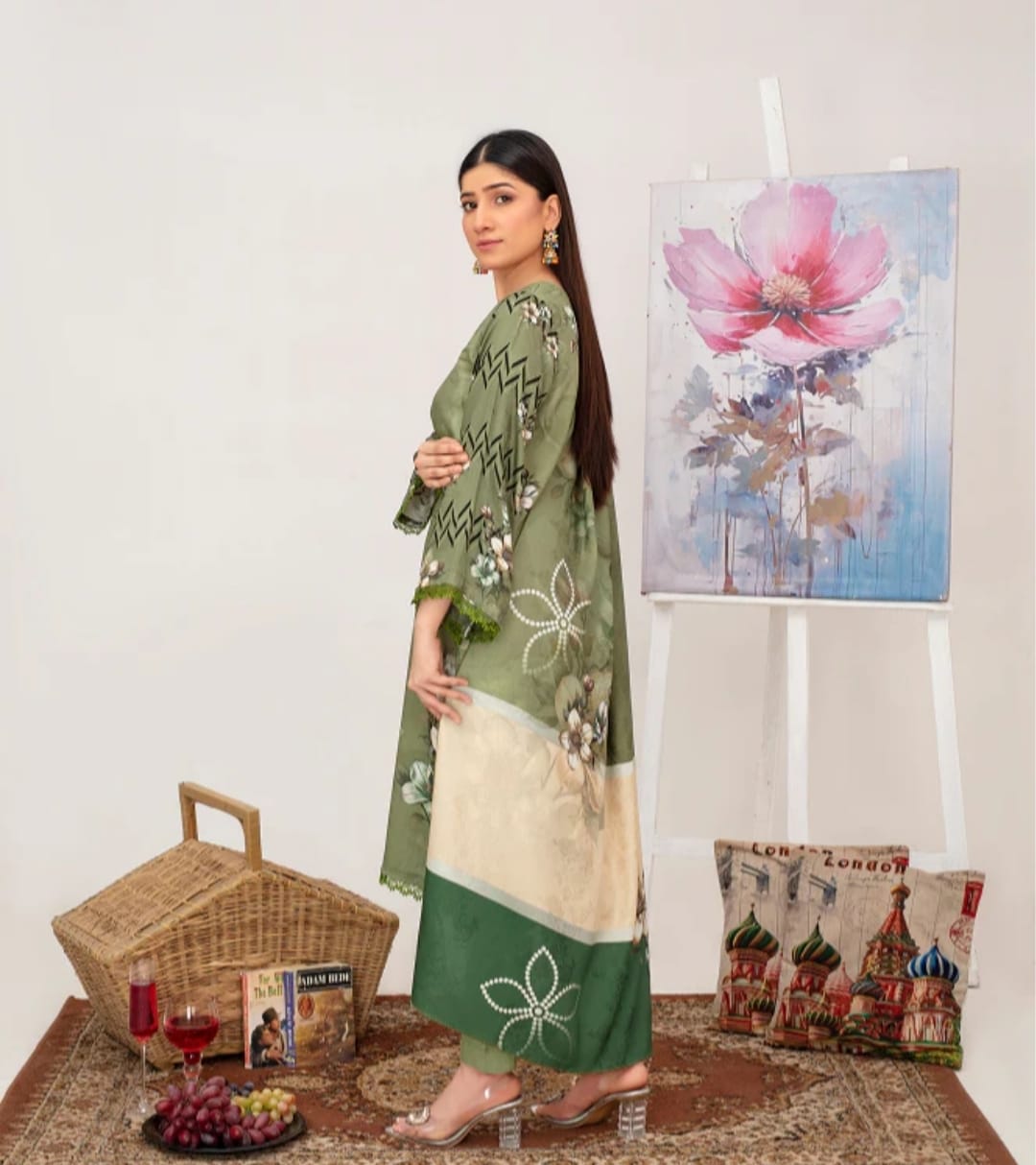 Elegant Embroidered Lawn Suit – Green with Floral