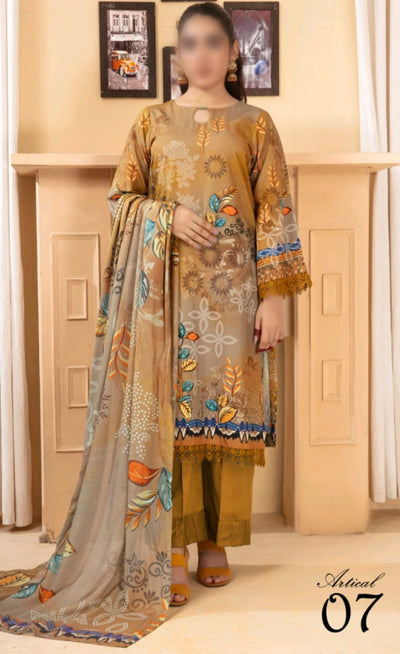 Elegant Embroidered Lawn Suit – Golden Beige with Floral
