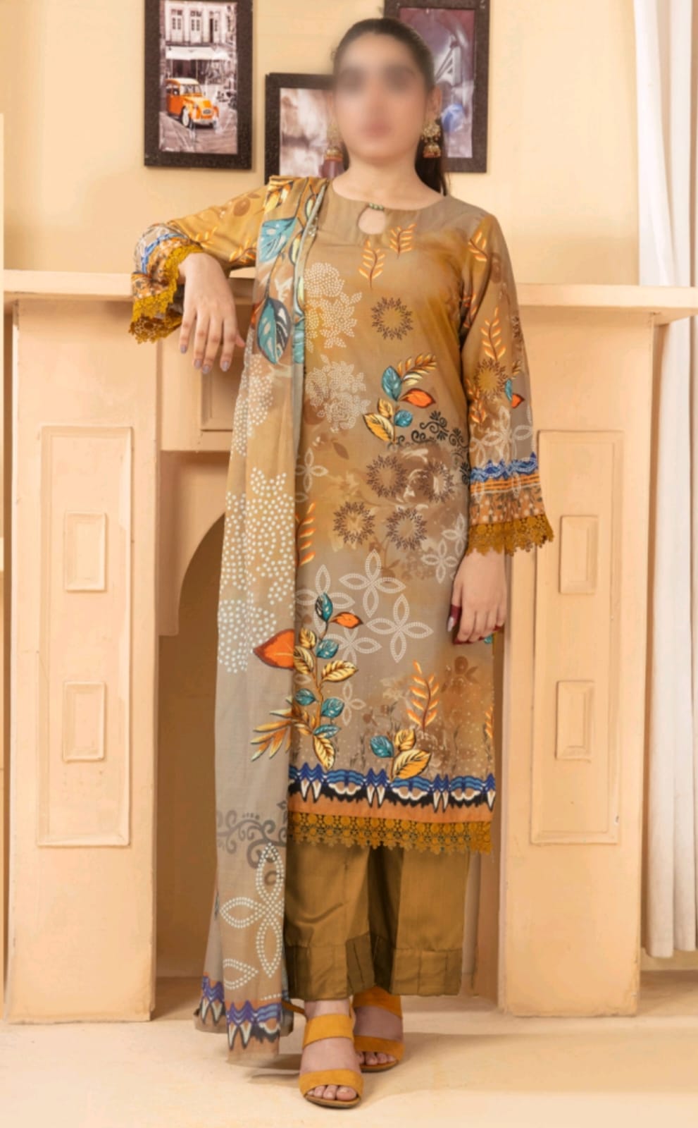 Elegant Embroidered Lawn Suit – Golden Beige with Floral