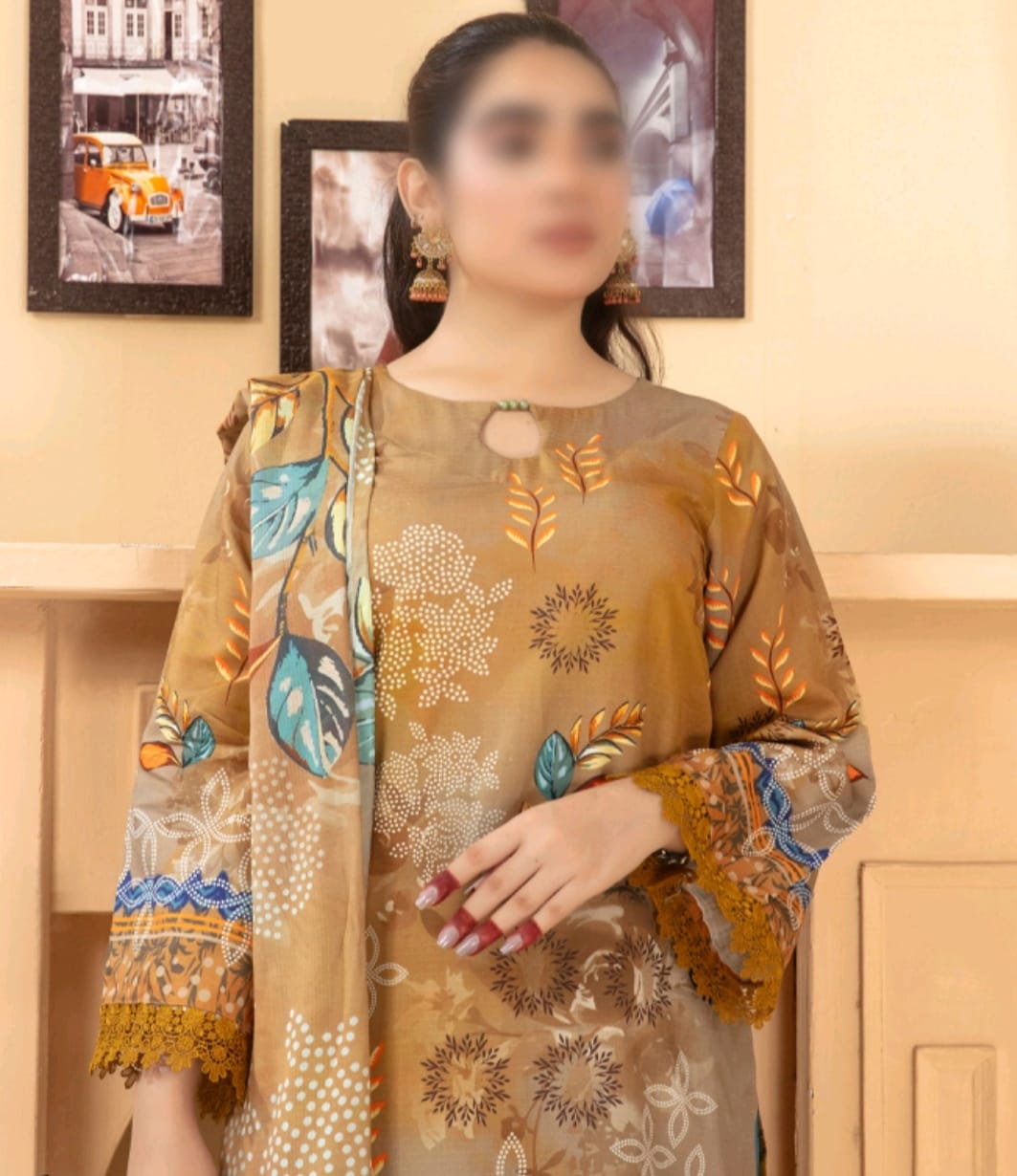 Elegant Embroidered Lawn Suit – Golden Beige with Floral