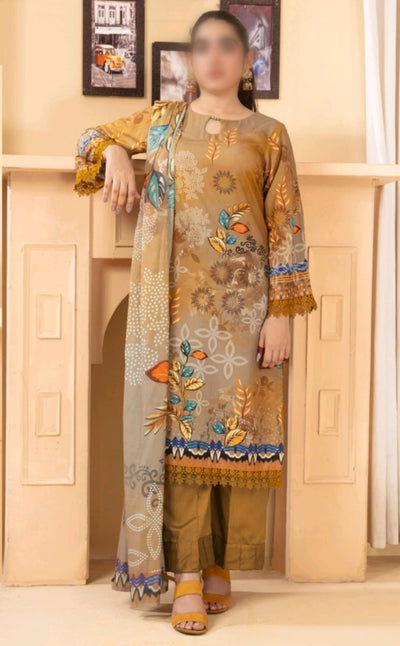 Elegant Embroidered Lawn Suit – Golden Beige with Floral